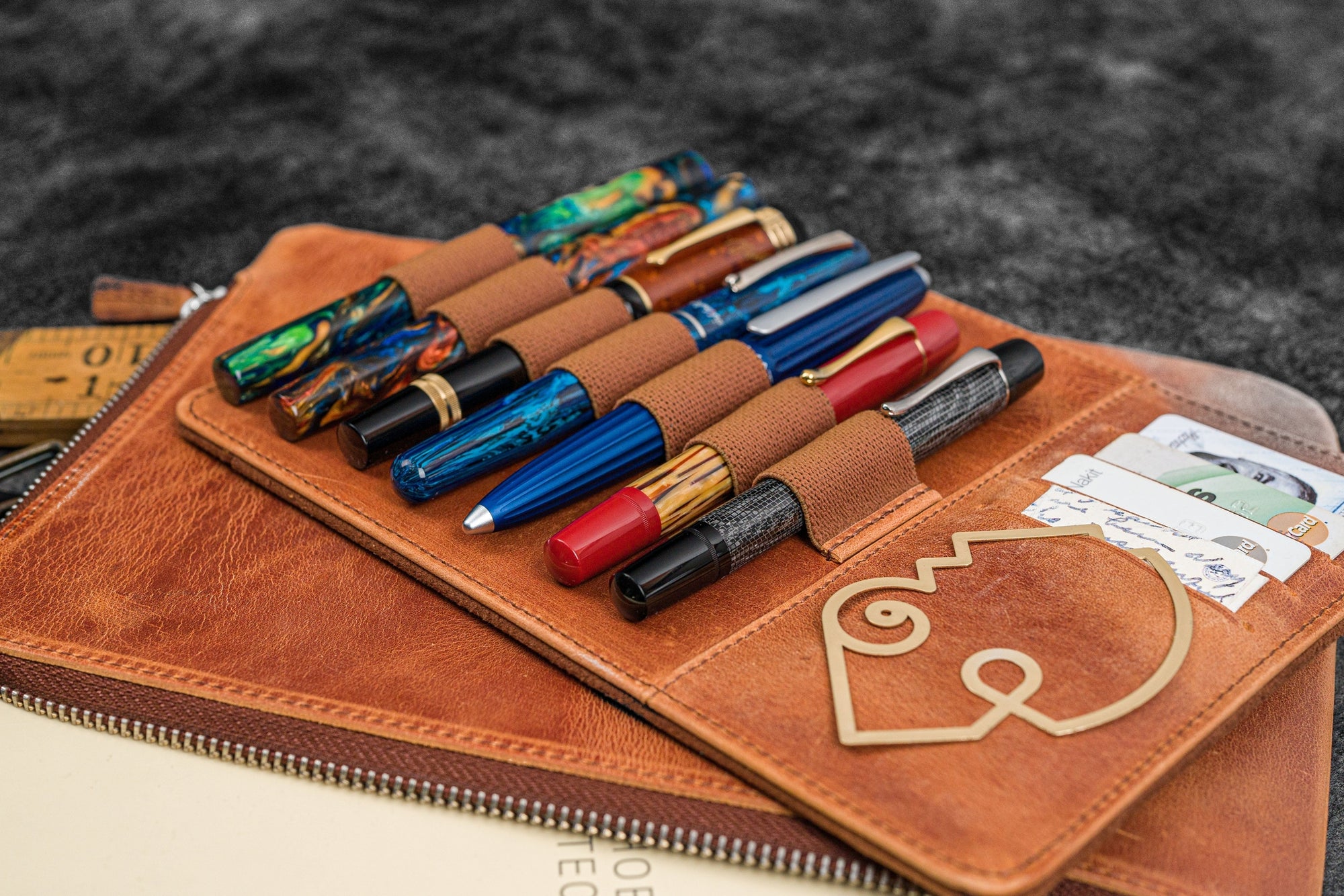 Bank Bag - Deri Fermuarlı Yazar Potföyü - Kalemlik - Crazy Horse Yanık Taba