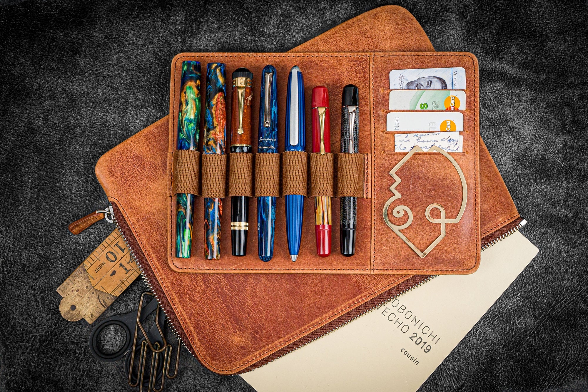 Bank Bag - Deri Fermuarlı Yazar Potföyü - Kalemlik - Crazy Horse Yanık Taba