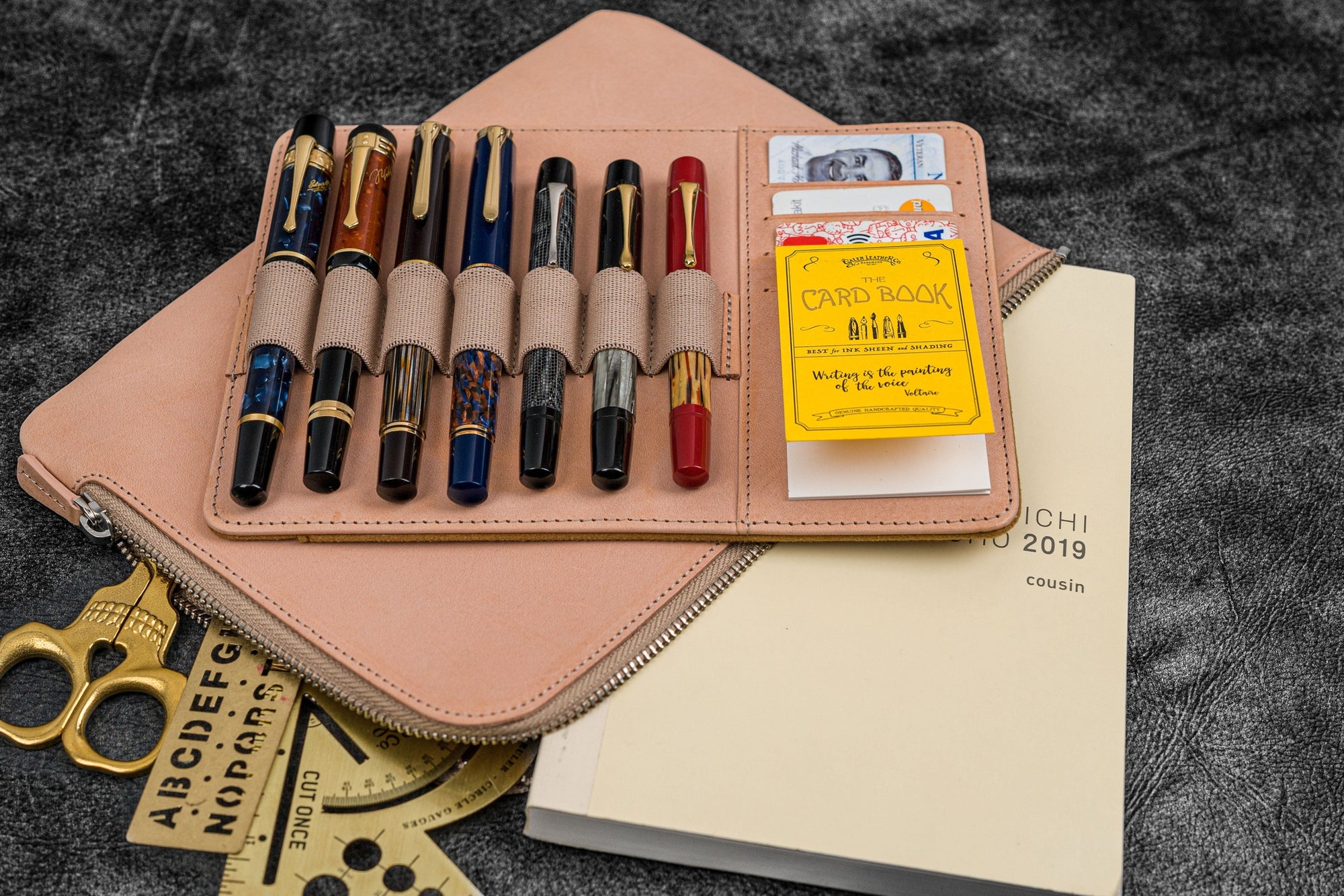 Bank Bag - Deri Fermuarlı Yazar Potföyü - Kalemlik - Naturel Deri