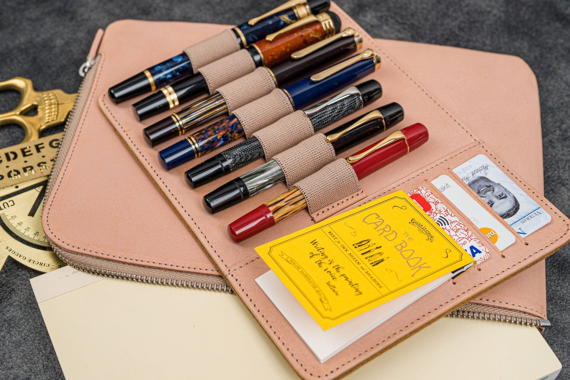 Bank Bag - Deri Fermuarlı Yazar Potföyü - Kalemlik - Naturel Deri