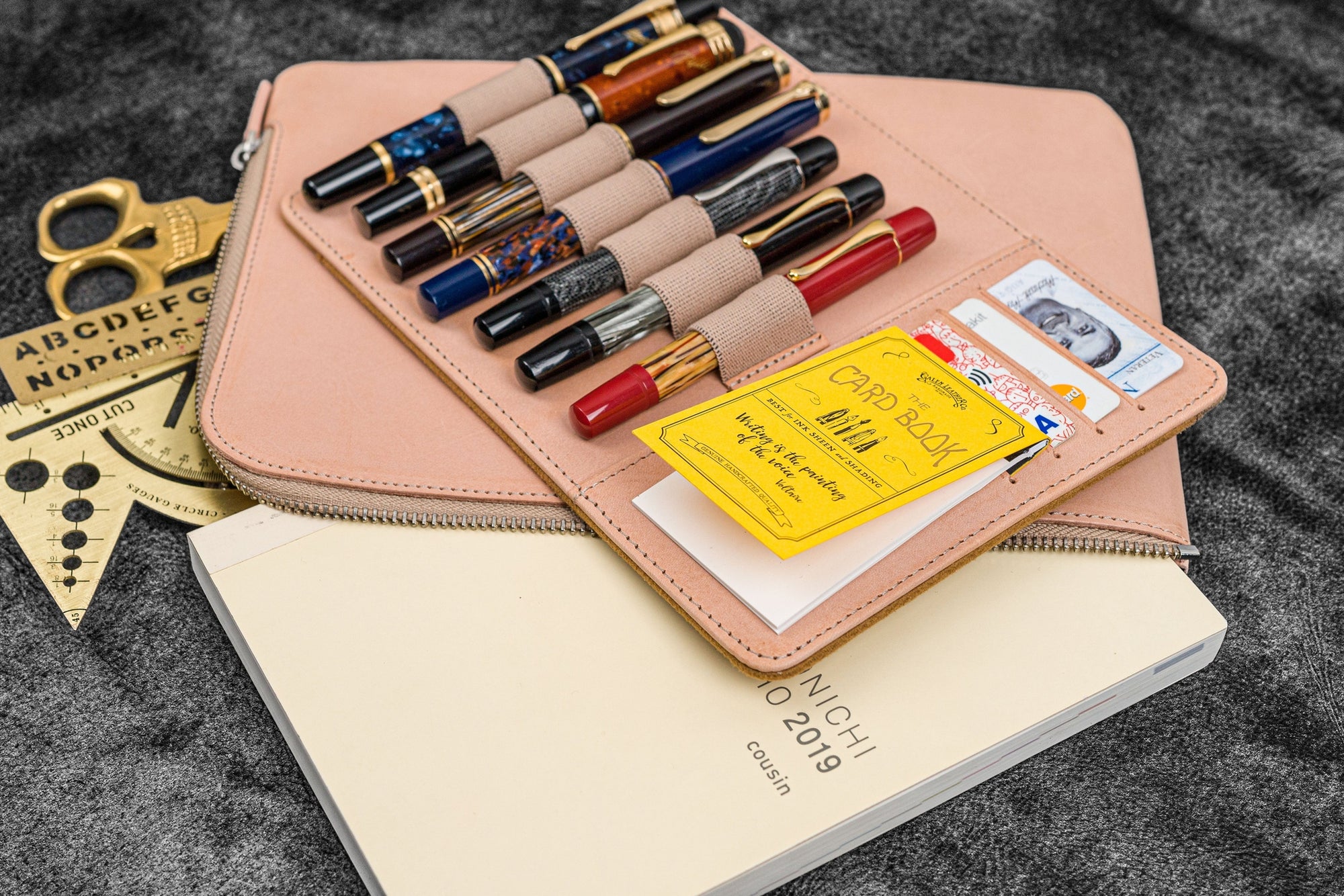 Bank Bag - Deri Fermuarlı Yazar Potföyü - Kalemlik - Naturel Deri