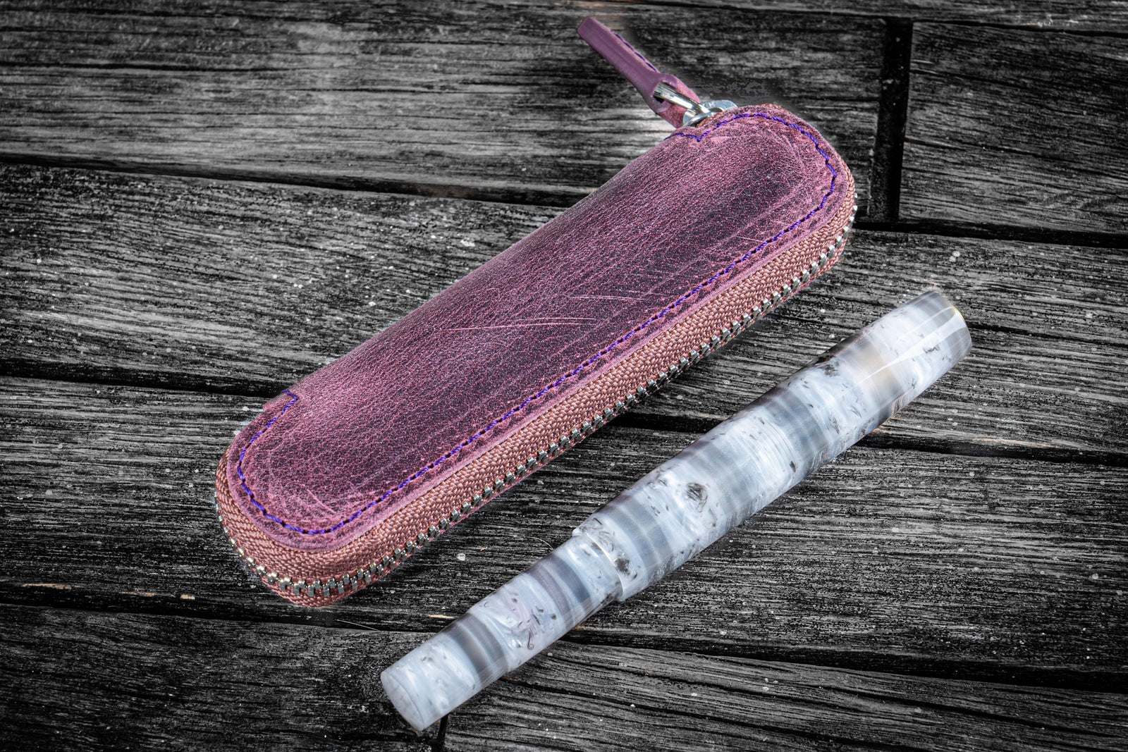 Deri Fermuarlı Tekli Kaweco Kalem Kılıfı - Mor