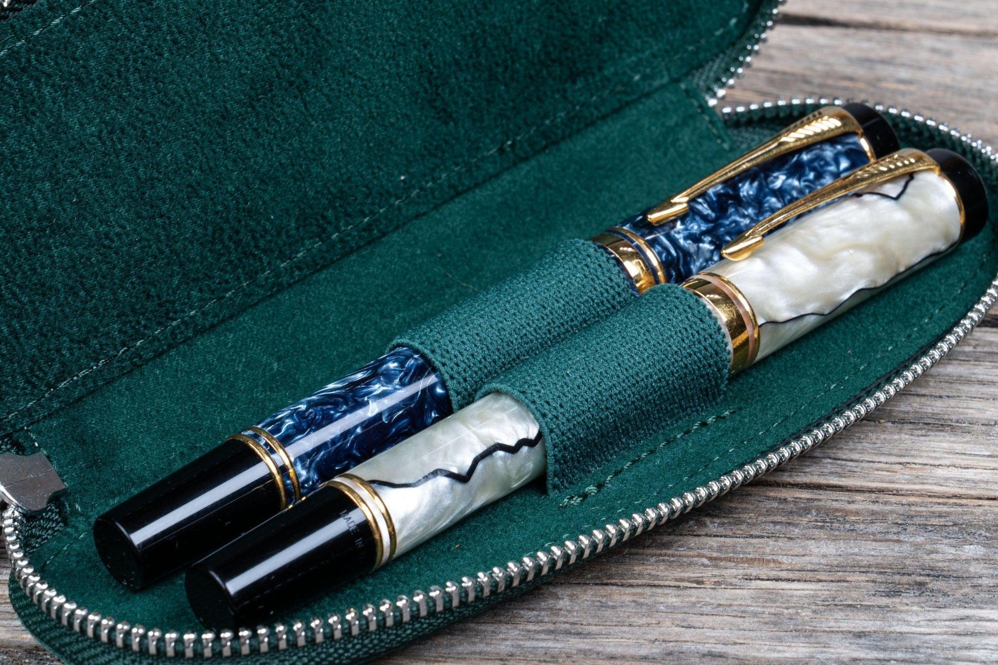 Duo Slim 2&#39;li Fermuarlı Deri Kalemlik - Crazy Horse Forest Green