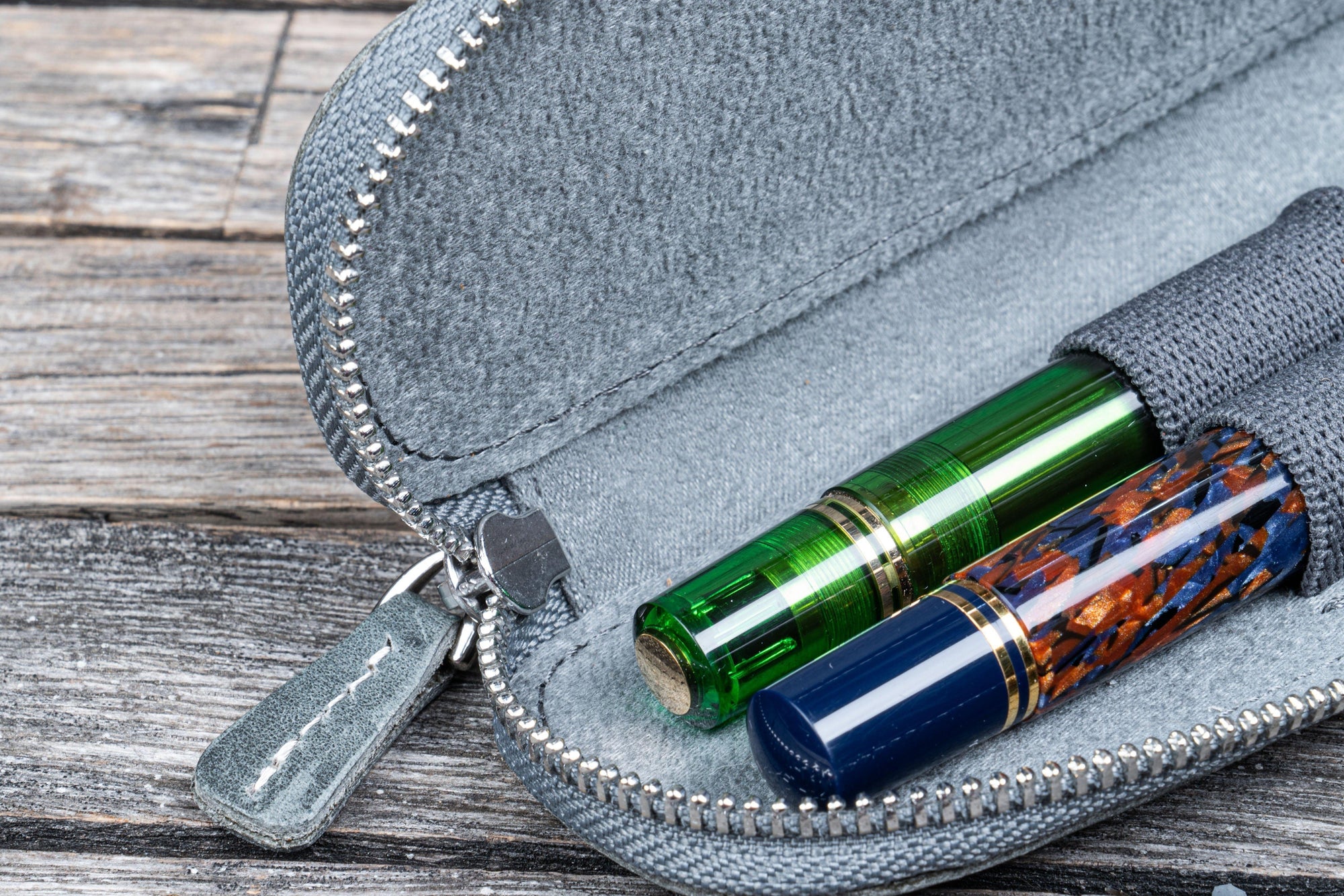 Duo Slim 2&#39;li Fermuarlı Deri Kalemlik - Crazy Horse Smoky