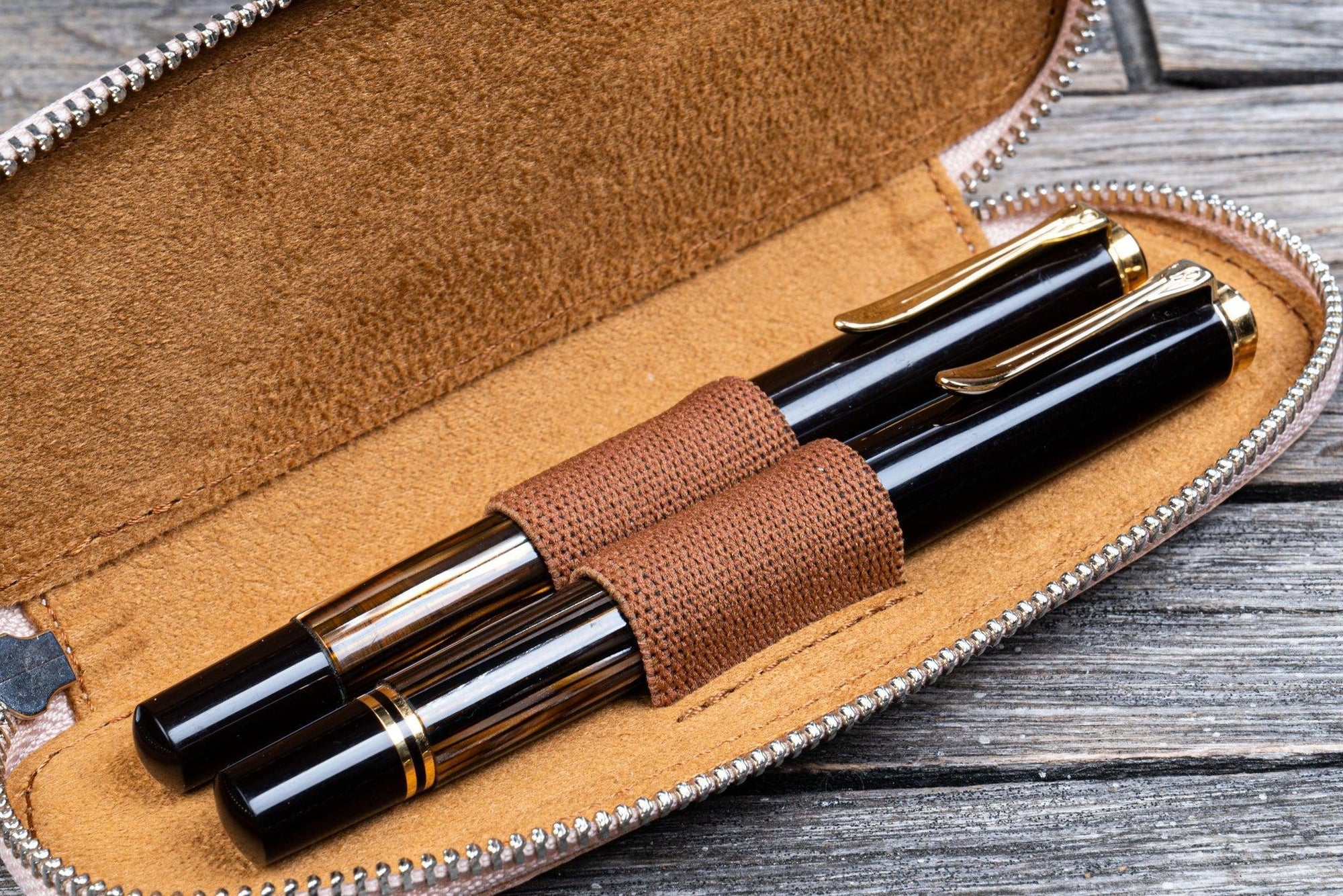 Duo Slim 2&#39;li Fermuarlı Deri Kalemlik - Undyed Leather